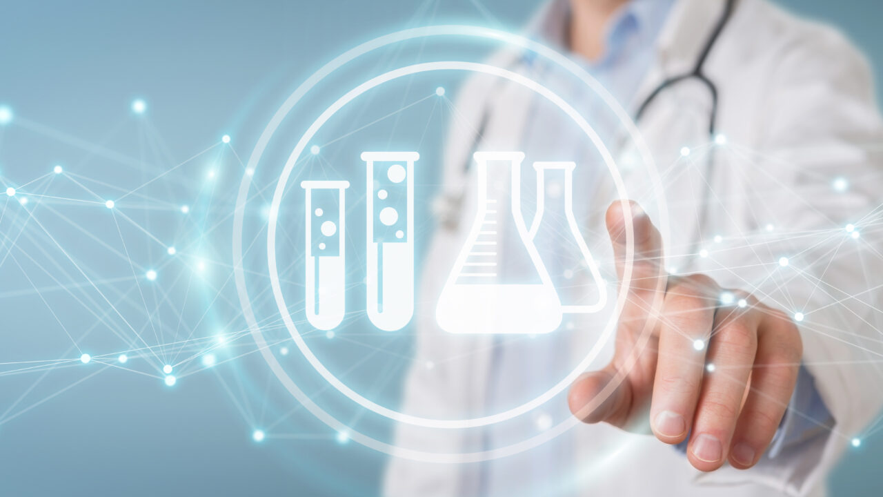 Doctor on blurred background holding digital analysis result icons 3D rendering