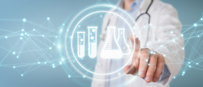 Doctor on blurred background holding digital analysis result icons 3D rendering
