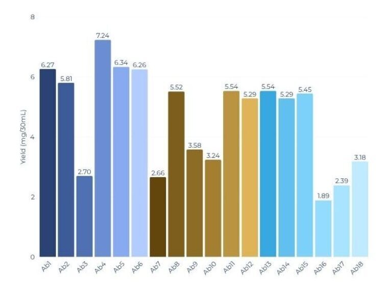 High-throughput antibody production case study showing 7.24 mg per 30 mL yield, 18 antibodies expressed and 14-day production using XtenCHO® Race.